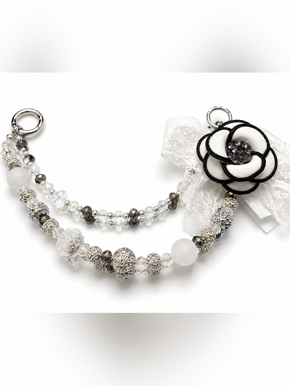 Bag Charm Lace & Bead Floral Statement  - White and Black